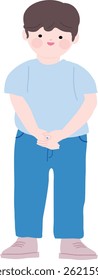  ilustração de um menino de pé com as mãos agarradas na frente, mostrando uma expressão tímida e gentil