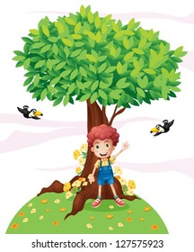 Ilustración de un muchacho parado bajo un gran árbol con dos pájaros en un fondo blanco