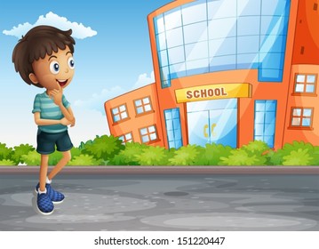 Illustration of a young boy at the street across the school building