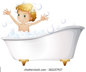 Ilustración de un niño que se bañaba en la bañera con un fondo blanco