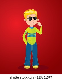 Illustration of a young boy thinking on a red background
