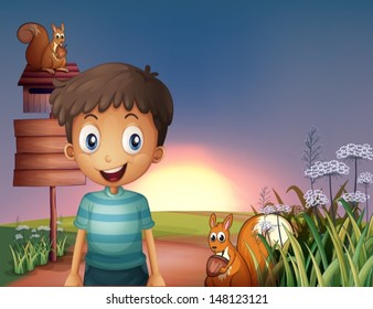 Illustration of a young boy and two squirrels near the empty signage and the mailbox