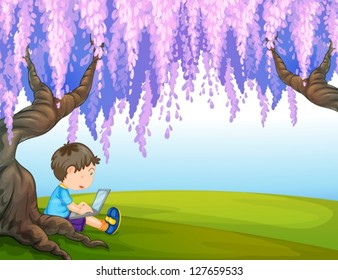 Illustration of a young boy under a big tree