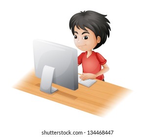 Illustration of a young boy using the computer on a white background