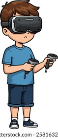 Illustration of a young boy using Vr headset and controllers, isolated on white background