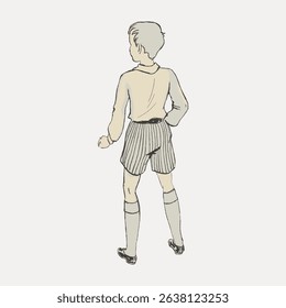 Illustration of a young boy in vintage attire, standing with his back turned. The boy wears a long-sleeve shirt, striped shorts, and knee-high socks. Vintage art illustration vector.