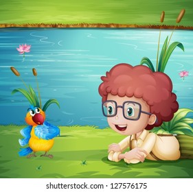 Illustration of a young boy watching a parrot