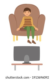 Illustration of a young boy watching a television sitting in armchair on a white background. Child watching cartoon spends a lot of time sitting at home, sedentary lifestyle, addiction to gadgets