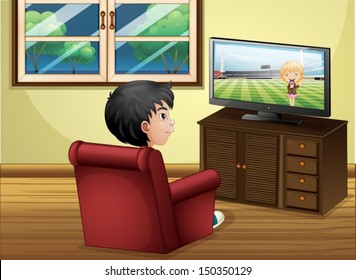 Illustration of a young boy watching TV at the living room