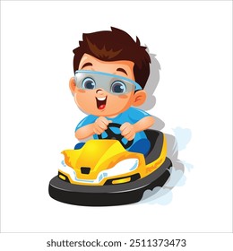 Illustration of a young boy wearing eye glass riding a bumper car with smile expression and happy  enthusiasm on a white background in cartoon style vector illustration