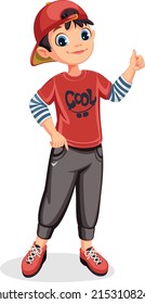 Illustration eines jungen Jungen. Eine typische Tourenoutfit tragen und seine linke Hand kletterte nach oben. Vektorgrafiken, die für Karikatur- oder Maskottentypen verwendet werden können.