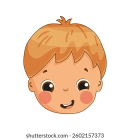 Illustration of a young boy's face with light brown hair, smiling with open mouth and big eyes. Character avatar for children.