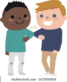 Illustration of young boys greeting with elbows together.