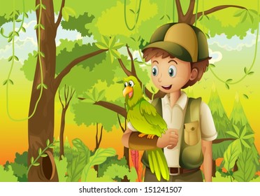 Illustration of a young boyscout with a parrot