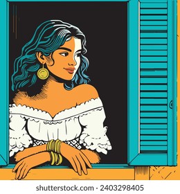 Illustration of a young brazilian woman at the window of her house, Northeast of Brazil, traditional art from brazil, cordel vector.