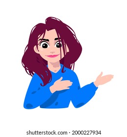 Ilustración de una joven de cabello marrón. Vector. La caricaturista señala a la izquierda con las manos. Carácter para publicidad y diseño. Imagen brillante de una mujer de negocios. avatar de perfil.