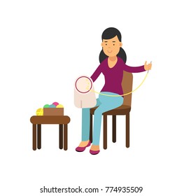 Illustration of young brunette woman sitting on the chair and embroidering on the canvas. Needlework concept. Vector character
