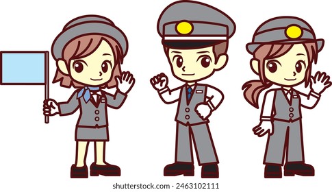 Illustration of young bus driver and bus guide