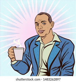 Illustration young business man with dark skin and fragrant coffee.Retro cartoon style vector.The image is separate from the background.