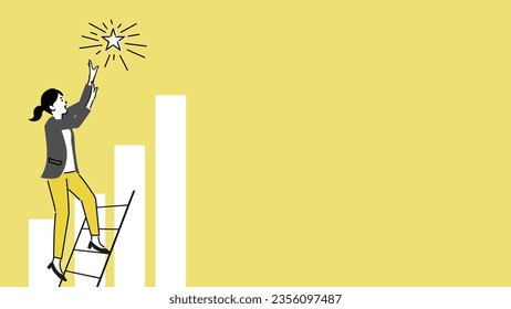 Illustration of a young businessman climbing a ladder to catch a star, vector