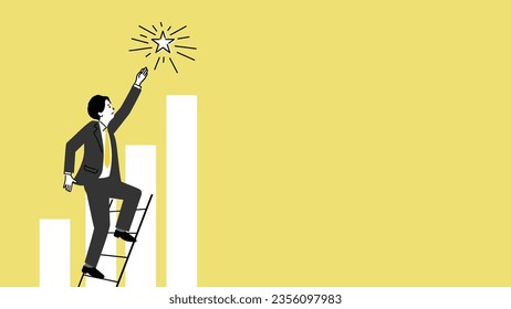 Illustration of a young businessman climbing a ladder to catch a star, vector