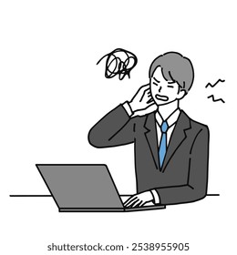 Illustration of a young businessman feeling bad while working on his laptop.