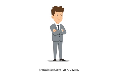 An illustration of a young businessman in a gray suit standing confidently with arms crossed. The design represents professionalism, confidence, and corporate ambition