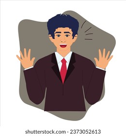 Illustration of a Young Businessman Greeting with Enthusiastic Gestures Using Both Hands , Businessman Saying Hello ,Happy Businessman Vector