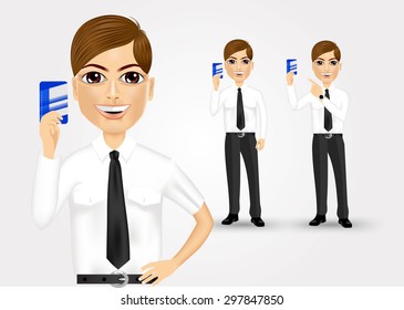 illustration of young businessman holding business card