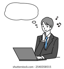 Illustration of a young businessman looking at a laptop computer and thinking.