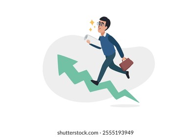 Illustration of a young businessman or office worker dynamically running upward on a rising arrow, symbolizing career growth, financial success, and determination