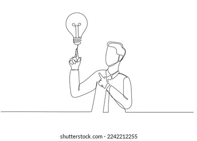 Illustration of young businessman pointing with the index finger a great idea. Single line art style