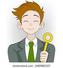 An illustration of a young businessman with spiky brown hair, wearing a grey suit and green tie, happily holding a large golden key.