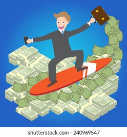 Illustration of Young businessman surfing money wave on blue background vector.