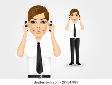 illustration of young businessman talking on two cell phones at the same time