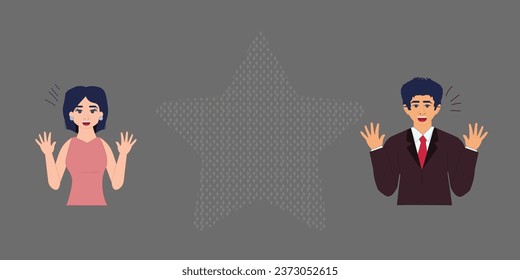 Illustration of a Young Businesswoman and Businessman Greeting with Gestures Using Both Hands , Happy Business people waving