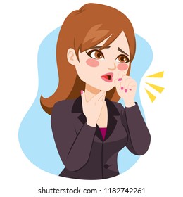 Illustration of young businesswoman coughing with fist in front of mouth and hand on neck