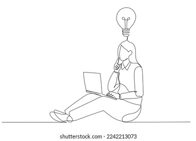 Illustration of young businesswoman with laptop has an idea. One line art style