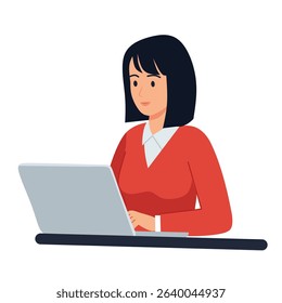 illustration of a young businesswoman working on a laptop. Office worker typing and focusing on her task. Concept of digital communication, remote work, or modern workplace