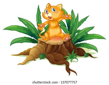 Illustration of a young cat above the stump on a white background