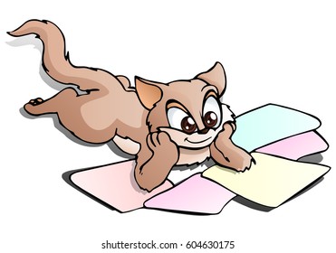 illustration of a young cat sit and see focus at papers on isolated white background