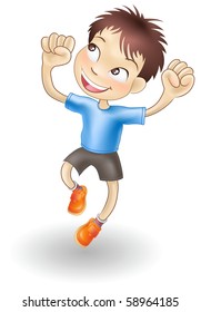 An illustration of a young Caucasian boy jumping for joy