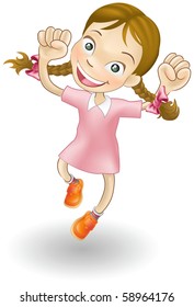 An illustration of a young Caucasian girl jumping for joy