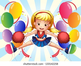 Illustration of a young cheerdancer with red pompoms on a white background