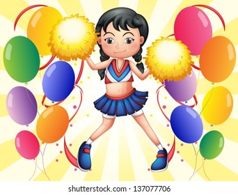 Illustration of a young cheerer in the middle of the balloons on a white background