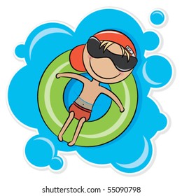 Illustration of a young cheerful boy relaxing on inner tube