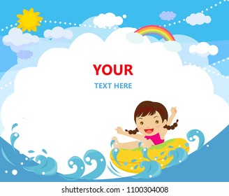 Illustration of a young cheerful girl relaxing on inner tube