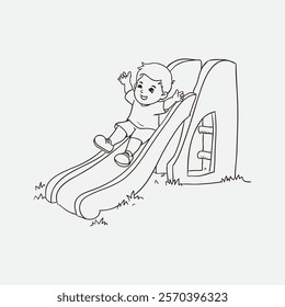 Illustration of a young child enjoying a slide on a playground, expressing joy and playfulness outdoors. Perfect for themes of childhood, outdoor activities, and playful moments.