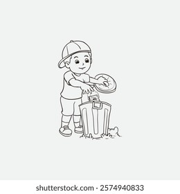 Illustration of a young child properly disposing of trash into a bin, encouraging eco-friendly habits and responsibility. The artwork conveys the importance of waste management and environmental clean