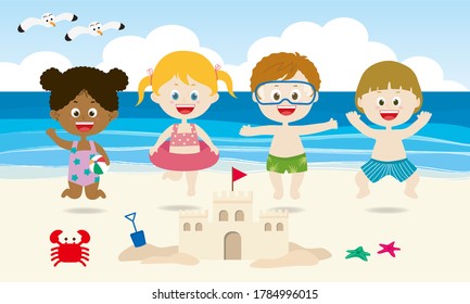 An illustration of young children jumping onto the beach. beach landscape vector design